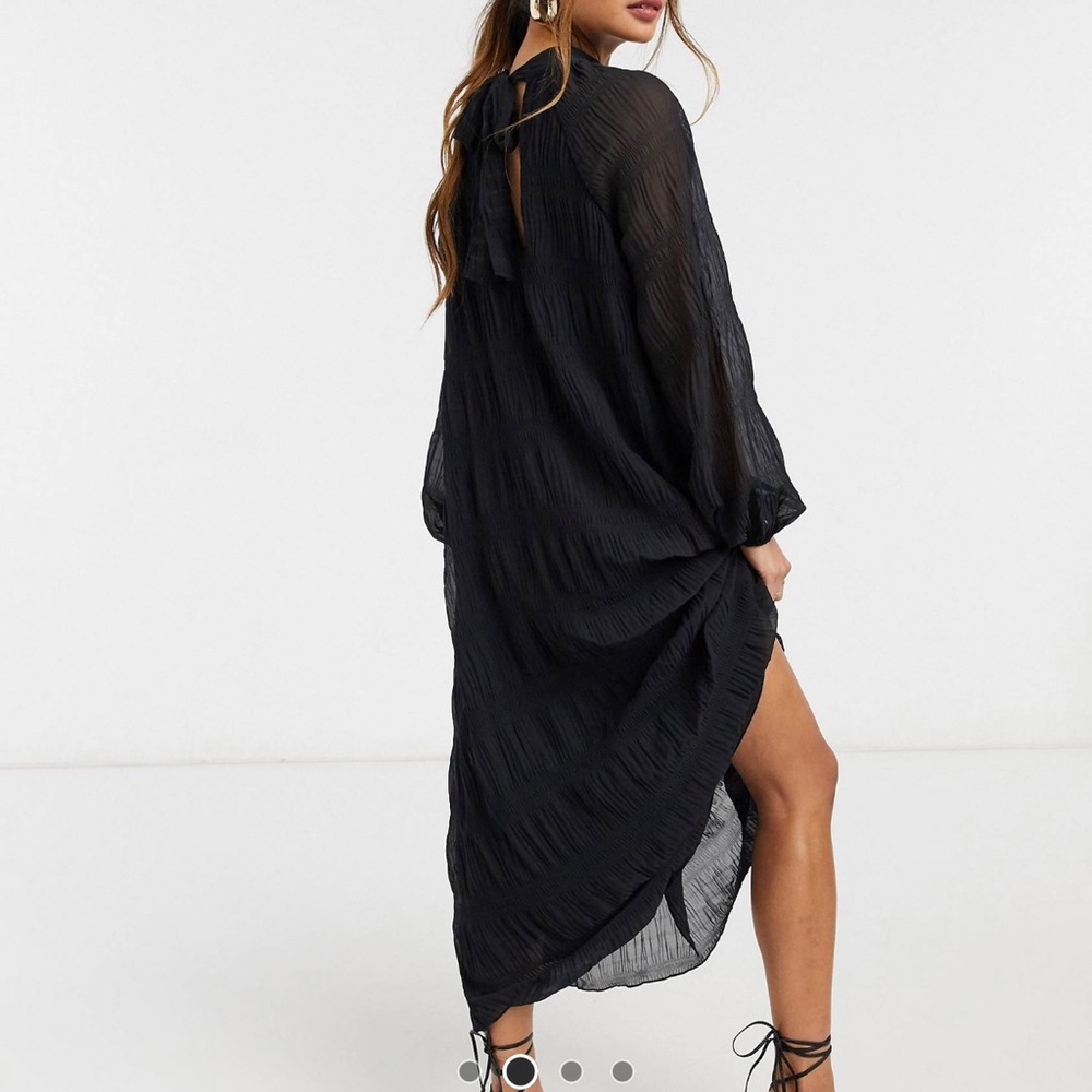 ASOS DESIGN textured trapeze midi dress with balloon sleeves in black
